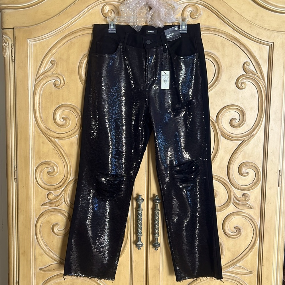 Express Straight Ankle High Rise Jeans Black Sequin New